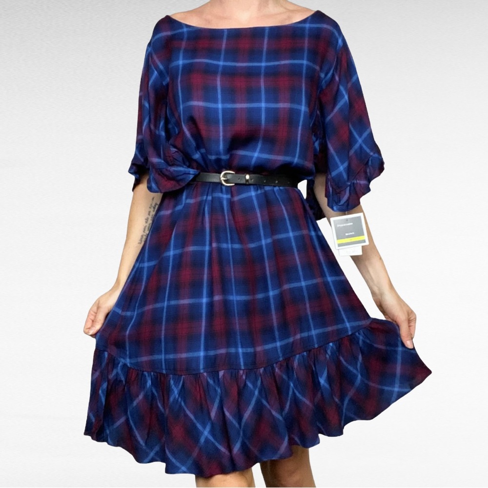 VIVI By Violet Weekend | Navy Blue & Wine Plaid Ruffled Boat Neck Flouncy Dress